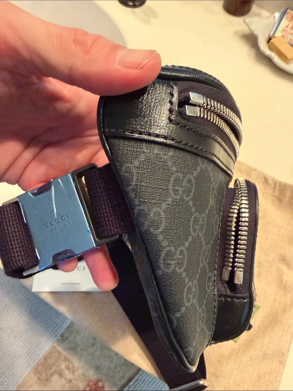 Gucci Black GG Supreme Canvas Belt Bag with Leather Trim